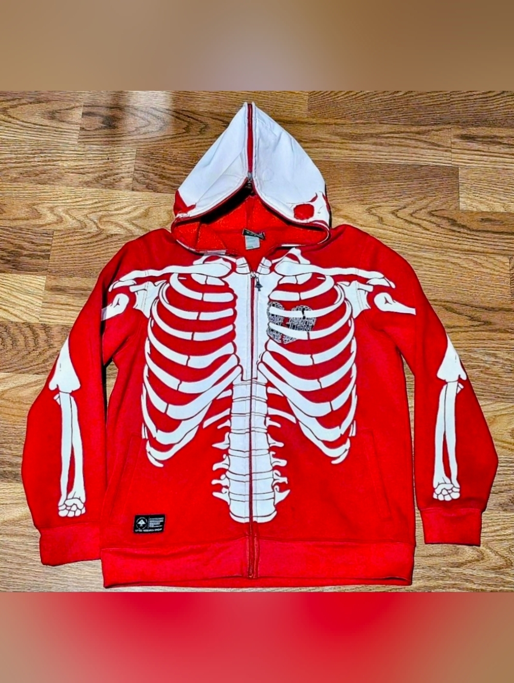 LRG Dead Serious Bones Red Skeleton Zip-Up Hoodie with White Bone Print